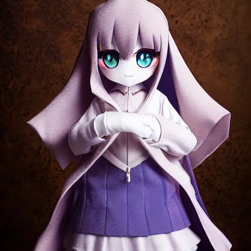 Prompt: cute fumo plush of a devout girl from a secret cult, the order of the burning shadow, studio lighting