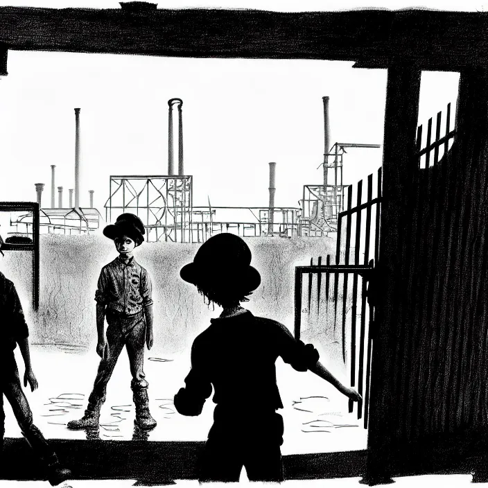 Image similar to [ sadie sink in dirty workmen clothes waves goodbye ] to workmen. near a gate. background : factory, dirty, polluted. technique : black and white pencil and ink. by gabriel hardman, joe alves, chris bonura. cinematic atmosphere, detailed and intricate, perfect anatomy