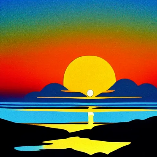 Prompt: A beautiful sunset on the horizon, as the sun sets on the horizon, in the style of Eyvind Earle