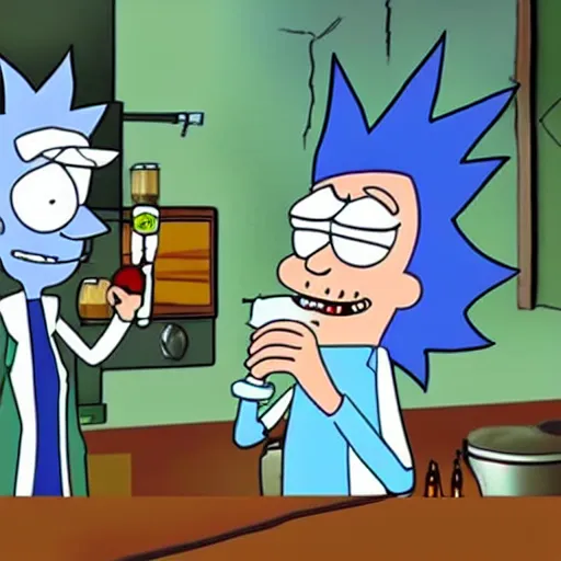 Prompt: cartoon of rick sanchez ( rick and morty ) smoking a plumber, in the style of rick and morty