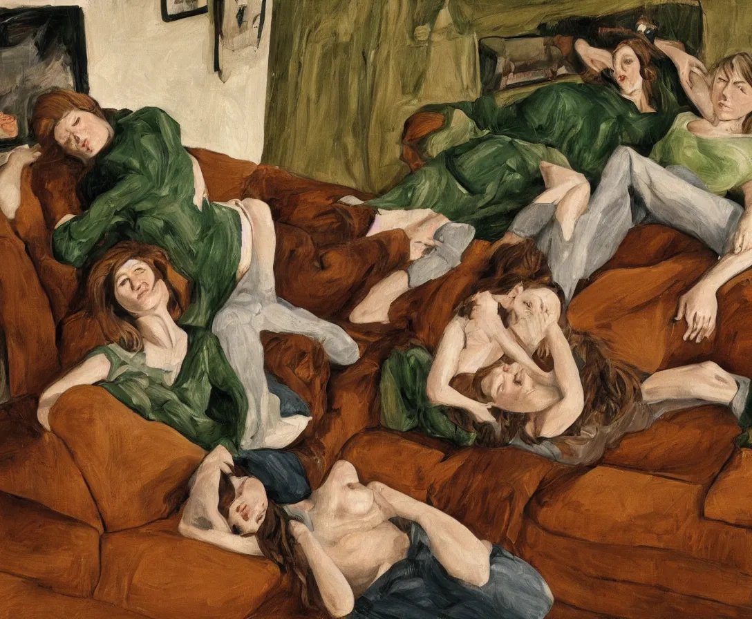 Image similar to portrait of bella and esther lying horizontal, in an old english apartment on a brown leather sofa. one is wearing a dark blue sweather, the other a white shirt. brown hair, they are looking into the camera. wide shot. in the style of lucien freud. oil painting. green mood. isometric perspective