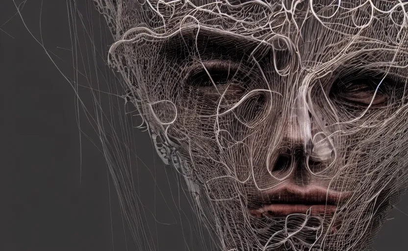 Prompt: a beautiful face draped in smoke and wires in the style of peter gric hd