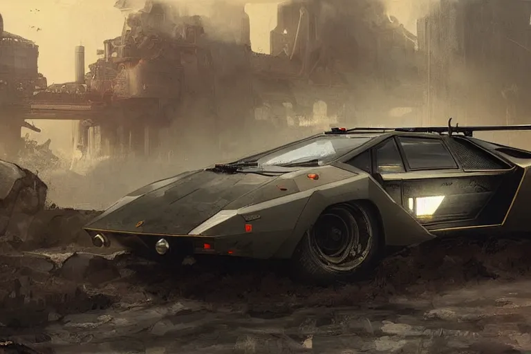 Image similar to dieselpunk countach, highly detailed, digital painting, artstation, concept art, sharp focus, illustration, art by raphael lacoste and greg rutkowski