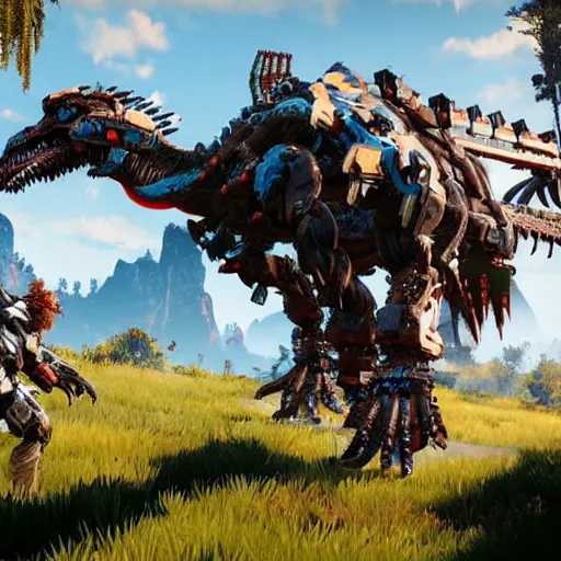 Image similar to gameplay of horizon zero dawn, mech tyrannosaurus rex, highly detailed