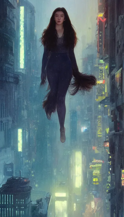 Prompt: hailee steinfeld, omicron, 2 0 1 8 blade runner movie still girl look at the cityscape from roof perfect face fine realistic face pretty face neon puffy jacket blue futuristic sci - fi elegant by denis villeneuve tom anders zorn hans dragan bibin thoma greg rutkowski ismail inceoglu illustrated sand storm alphonse mucha