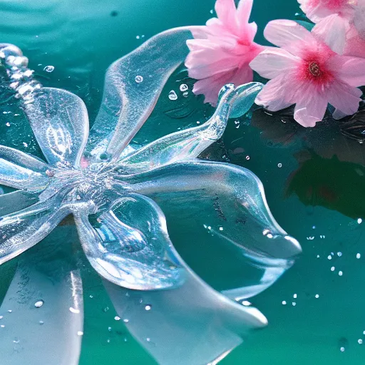 Prompt: a water manipulated sculpture of blossom, on sea, film, johnson's style, long view, ultra detailed, ultra realistic, ray tracing, 8 k resolution, clear focus, realistic water, water art photoshop