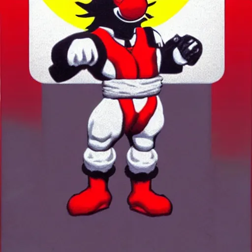 Image similar to image of ronald mcdonald, white face, red afro, red nose and yellow outfit as an enemy in 9 0's mortal kombat 3 sega genesis video game, upscaled to high resolution