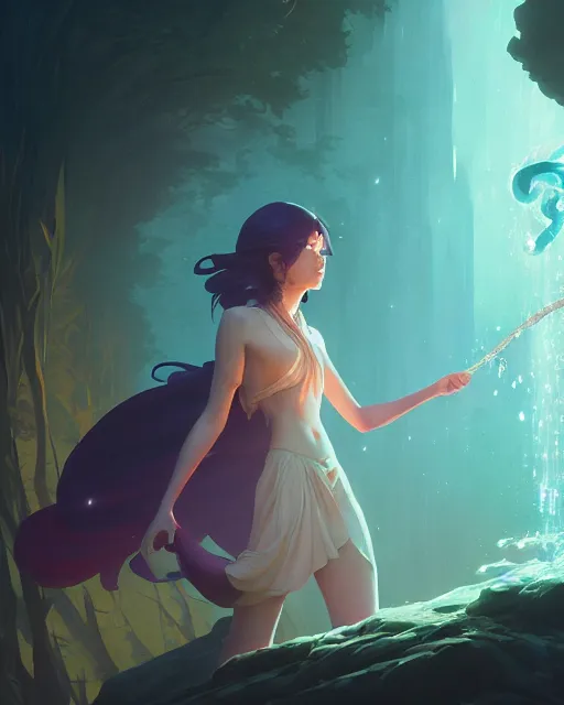 Image similar to highly detailed vfx portrait of a mage casting a water spell, unreal engine, greg rutkowski, loish, rhads, beeple, makoto shinkai and lois van baarle, ilya kuvshinov, rossdraws, tom bagshaw, alphonse mucha, global illumination, detailed and intricate environment