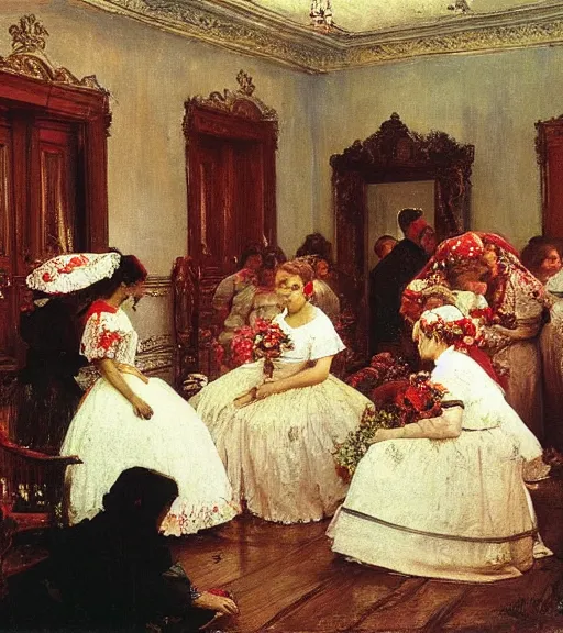 Prompt: high quality high detail painting by ilya repin, many brides in a blood flooded house, hd