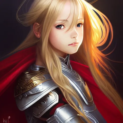 Image similar to Asuna Yuuki, Portrait of a girl with blonde hair wearing a partial paladin armor with a red skirt and white top, face, fantasy, intricate, elegant, highly detailed, digital painting, artstation, concept art, smooth, sharp focus, illustration, art by Fernanda Suarez and Artem Demura and alphonse mucha