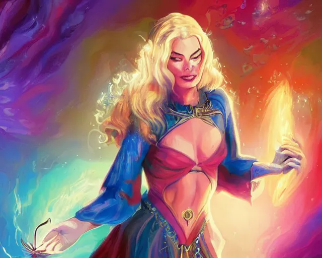 Prompt: margot robbie as a beautiful magician casting colorful spells, fantasy art, in the style of JAMES MCCARTHY, illustration, epic art, fantasy, intricate, elgant, amazing detail, digital painting, artstation, concept art, smooth, sharp focus