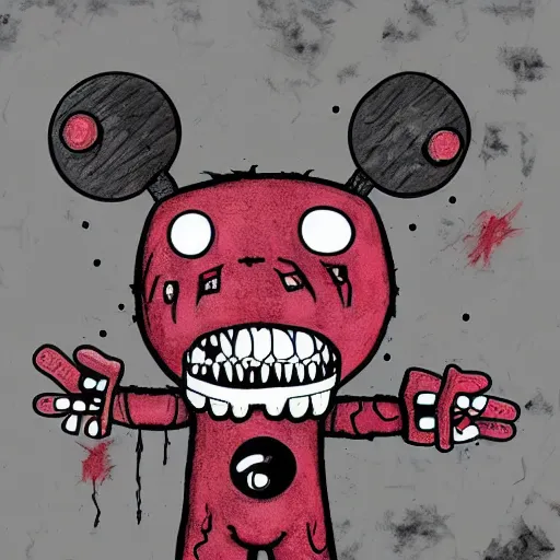 Prompt: grunge cartoon drawing of a teddy bear with bloody eyes by - invader zim, loony toons style, horror theme, detailed, elegant, intricate