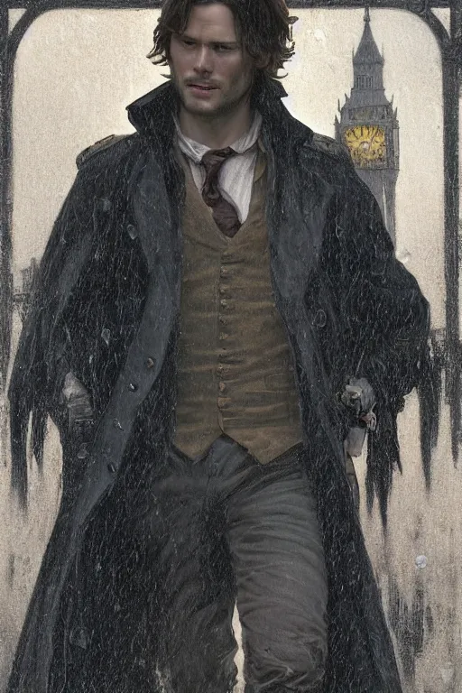 Image similar to a detailed matte portrait of sam \ winchester in a supernatural sherlock holmes story, 1 8 th century london in the rain, city streets, ominous, masterpiece, 8 k, art by alphonse mucha and greg rutkowski