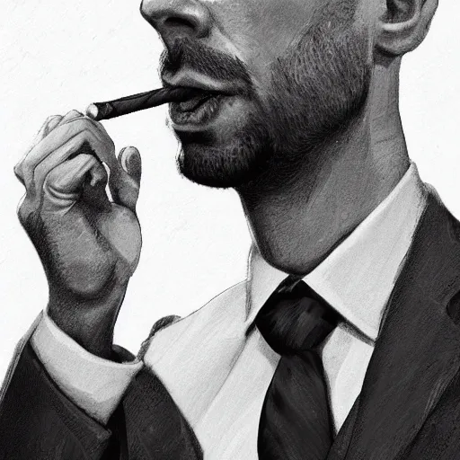 Image similar to andrew tate wearing a suit smoking a cigar on his mouth, dramatic lighting, cinematic, establishing shot, extremly high detail, photorealistic, cinematic lighting, artstation, style by James Gurney