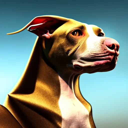 Prompt: Hybrid of a Pitbull and a sphinx cat, beautiful, golden hour, sharp focus, ultra detailed, cgsociety