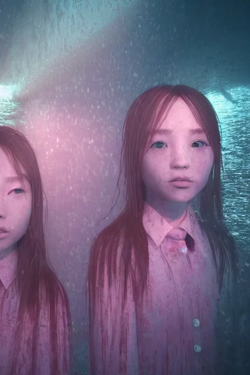 Image similar to 3d realistic dramatic infrared photo of two schoolgirls sisters with a realistic face standing in a dark subway station under water in Japan. Close-up portrait. There are pink palm trees and translucent glow jellyfish flying around. Volumetric composition. Pastel colors in the style of Hiro Kiyohara, redshift, octane, trend artstation, cinematic, hyper realism, high detail, 8k