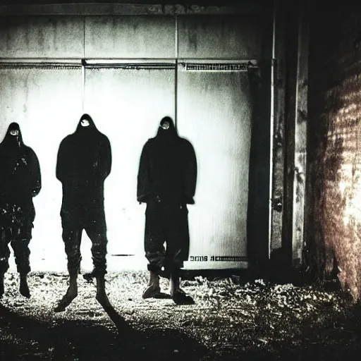 Prompt: grainy photo of three dark human figures with glowing eyes in a dark abandoned rusty factory at night taken with a camera flash