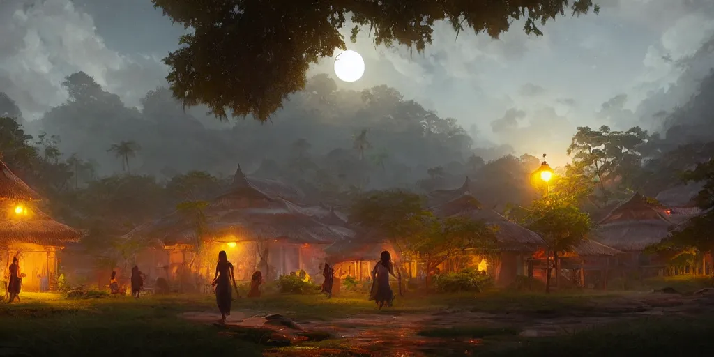 Image similar to moonlit kerala village, sharp focus, trending on ArtStation, masterpiece, by Greg Rutkowski, by Ross Tran, by Fenghua Zhong, octane, soft render, ultrarealistic, colorful, cinematic, horizon forbidden west