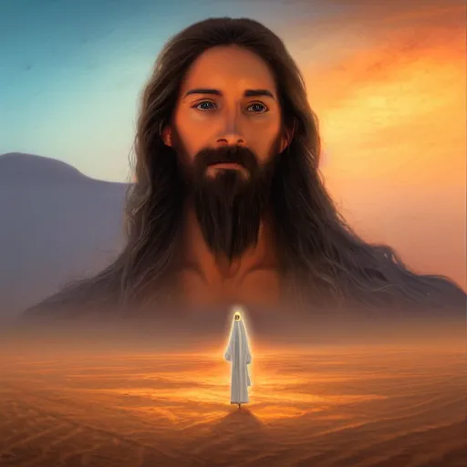 Image similar to an Artstation 3d render of Very very very very highly detailed beautiful mystic oil painting of jesus in the desert, intricate, extremely detailed, digital painting, artstation, concept art, smooth, sharp focus, illustration, intimidating lighting, incredible art,