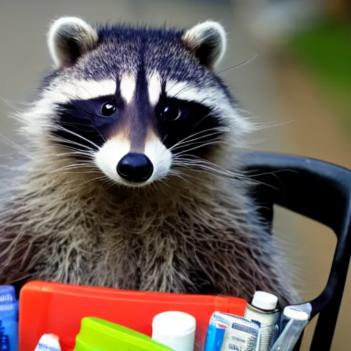 Image similar to happy raccoon pushing a grocery cart filled with medical supplies, a laptop and a face mask