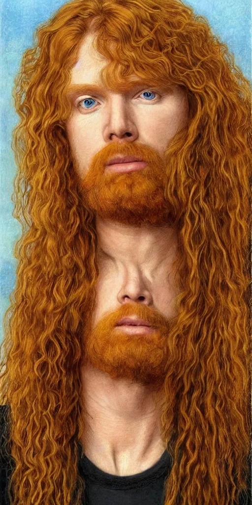 Image similar to Pre-Raphaelite portrait of Dave Mustaine from Megadeth, with very long blond hair and grey eyes