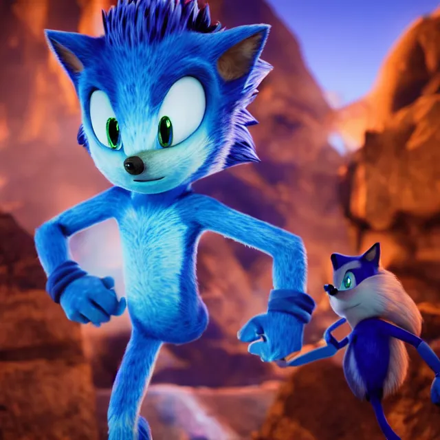 Image similar to avatar jake sully meeting sonic the hedgehog, dark cinematic, volumetric, realistic, 3 d render, cinematic lighting, ray tracing, cinematic, unreal engine 5, unreal engine render, octane render, hyper realistic, photo, 8 k