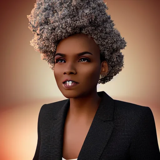 Image similar to professional portrait photo of a humanoid african american, digital - art woman with a suit super hero, very sharp and detailed, octane render