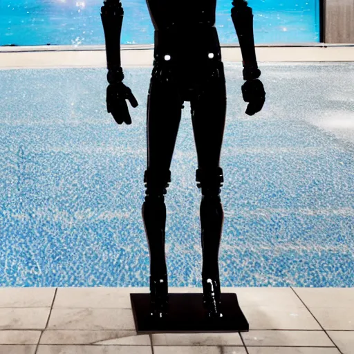 Image similar to a realistic detailed photo of a guy who is an attractive humanoid who is half robot and half humanoid, who is a male android, soccer player martin ødegaard, shiny skin, posing like a statue, blank stare, by the pool, on display, showing off his muscles, humanoid robot, frozen ice statue