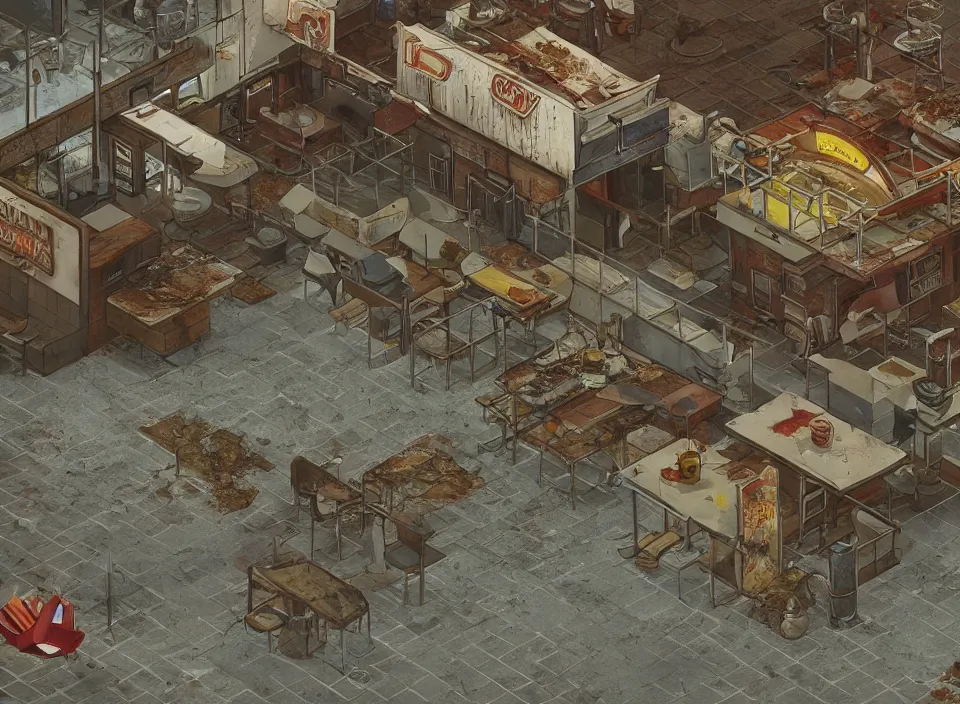 Prompt: Screenshot of abandoned rusty McDonald restaurant in Fallout 2 (1998), isometric perspective, postapocalyptic, bird's eye view, high quality