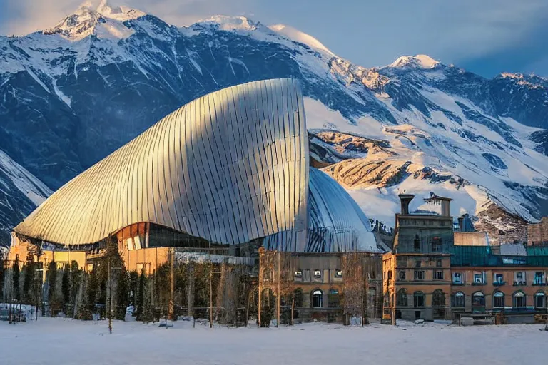 Image similar to architecture photo modern fachwerk giant opera building settlement with Elbrus mountain on the background, architecture, photorealism 8k , shining and happy atmosphere, uplight, high details