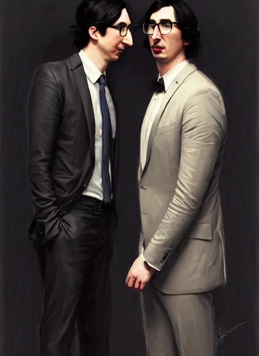 Image similar to painting of both john oliver and adam driver together, john oliver in front, full body, elegant, beautiful, highly detailed, centered, dark, smokey, digital painting, concept art, smooth, sharp focus, illustration, deviant art, art by artgerm, art by greg rutkowski, art by alphonse mucha