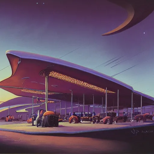 Image similar to painting of syd mead artlilery scifi organic shaped gas station with ornate metal work lands on a farm, fossil ornaments, volumetric lights, purple sun, beksinski