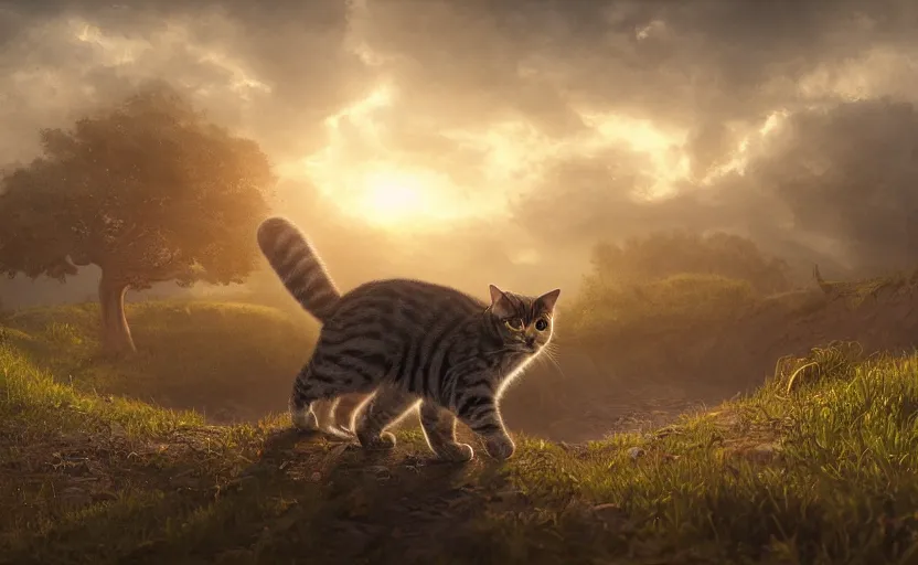 Image similar to a cat wearing a small satchel on an epic quest strolling through the landscape. painting, fantasy, fur shader, dramatic lighting, dawn, 8 k, sharp focus, global illumination, paid artwork, portfolio, detailed and intricate environment