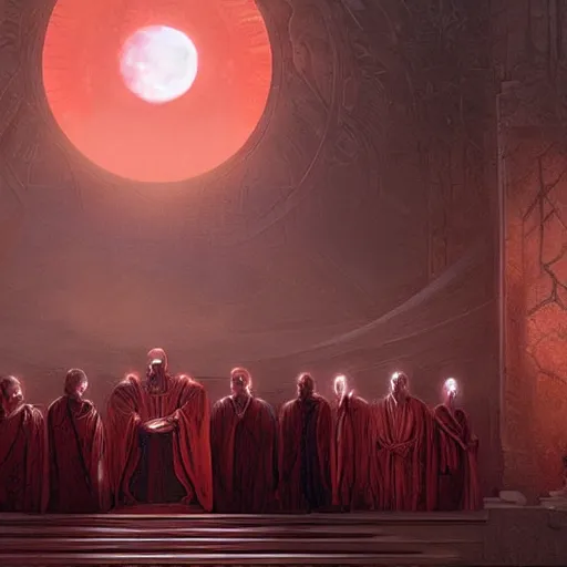 Prompt: A group of people in Sith lord robes pray to a red marble serpent statue, the scene is lit by a red moon., Matte painting , detailed painting, greg rutkowski