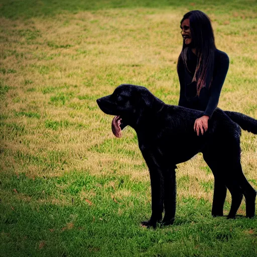 Image similar to a black dog holding a small woman