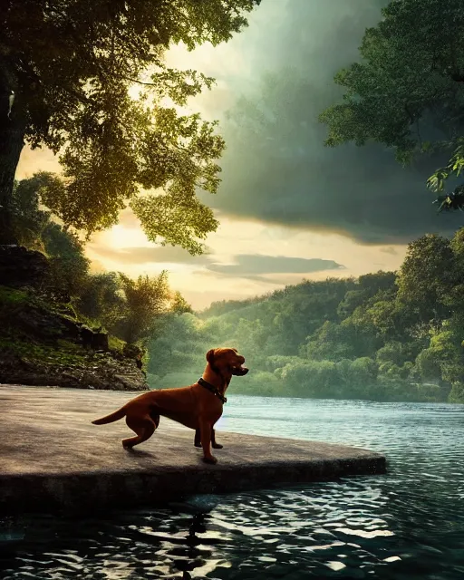 Image similar to dog swimming in the river, hyper realism, cinematic, volumetric lighting, dramatic ambient lighting, epic composition, high detail, octane render, unreal engine, 8 k, professional photo, photorealistic, intricate complexity, extremely detailed,