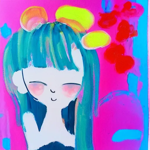 Image similar to simple kawaii acrylic painting, surreal, pink, modern art, contemporary painting, acrylic painting with low saturation, weak color, mixed media, pop art