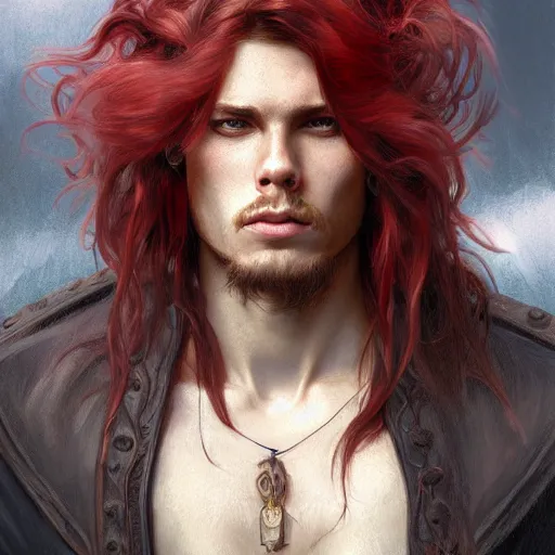 Prompt: portrait of a young ferocious pirate, male, masculine, upper body, red hair, long hair, soft hair, D&D, fantasy, intricate, elegant, highly detailed, digital painting, artstation, concept art, matte, sharp focus, illustration, art by Artgerm and Greg Rutkowski and Alphonse Mucha