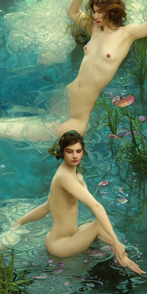 Prompt: an underwater young nymph in an artistic resting pose covered in lace intricate translucent loosen cloths surrounded by beautiful fishes and water meadows, highly detailed digital by artgerm, wlop, by boris vallejo, by alphonse mucha painting