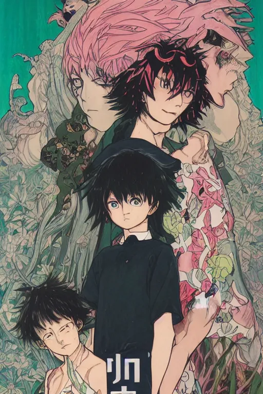 Prompt: professionally drawn shonen mature horror mystery action manga comic cover, beautifully drawn museum portrait coherent professional, drawn by ilya kuvshinov, gustav klimt, peter mohrbacher, alphonse mucha and tsutomu nihei. text kanji hiragana on the cover. simplistic minimalist stylized cover art. pink & green & blue full color.