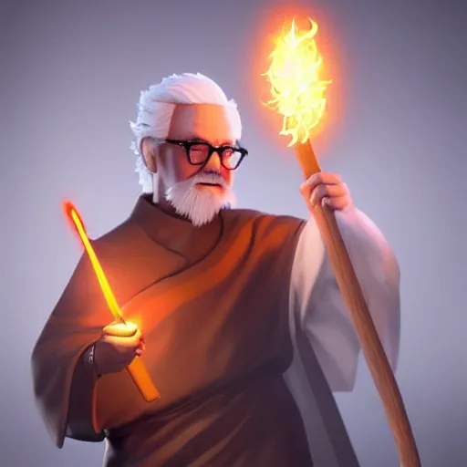 Prompt: Colonel Sanders wearing monks tunic holding a glowing fire magical staff. Trending on Artstation, octane render, ultra detailed, art by Ross tran