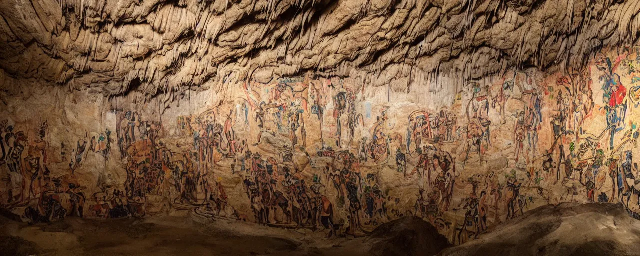 Image similar to wide shot paintings on a cave wall that feature spaghetti, archaic, fine detail