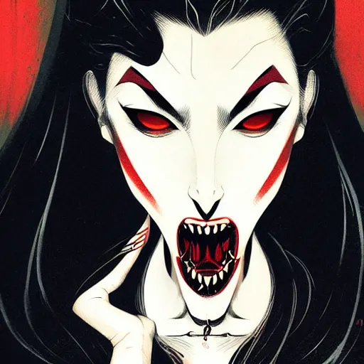 Image similar to beautiful vampire queen with fangs, symmetrical face, evil, portrait, cinematic, dramatic, powerful, super detailed and intricate, by koson ohara, by darwyn cooke, by greg rutkowski, by satoshi kon