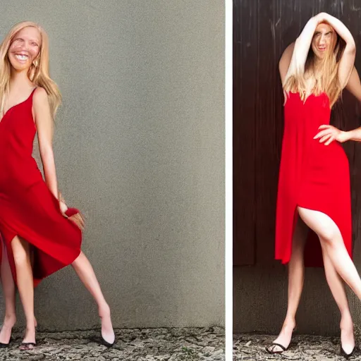 Image similar to photo of slim girl model, blonde, smiling , 20yo, wearing a red dress with high slit, high detail, studio, sharp, 85mm sigma art lens