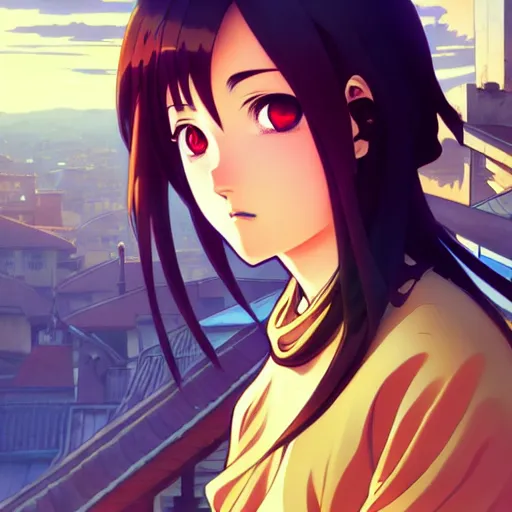 Image similar to digital anime art in the style of netflix arcane, cute female shinobi sitting on an old oriental roof at golden hour, wlop, alphonse mucha, greg rutkowski, ilya kuvshinov, backlit