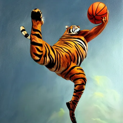 Image similar to an oil painting of a tiger dunking a basketball over Shaq Trending on Artstation, featured on Behance, well-rendered, fine detail, extra crisp image, Unreal Engine, 4K HD