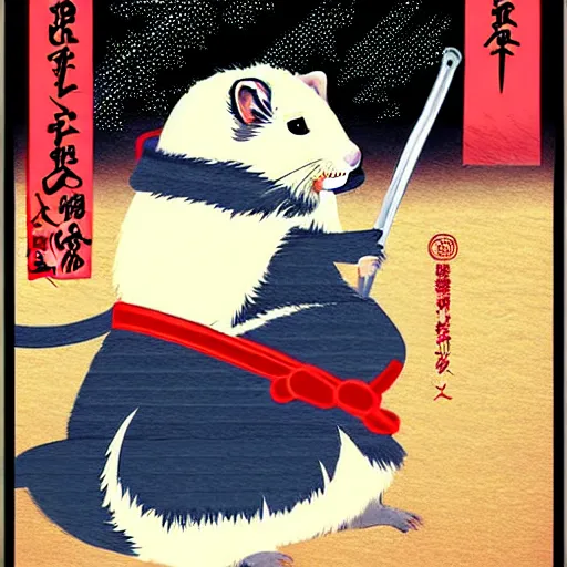 Prompt: japanese hamster samurai. with long sword. anime art. painting. rain of meteors on background