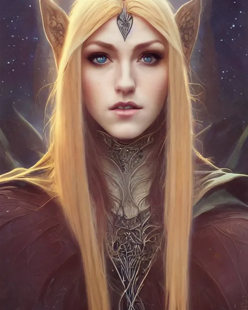 Image similar to portrait of katherine mcnamara elven mage, dark, piercing eyes, gentle expression, elegant clothing, photorealistic, highly detailed, artstation, smooth, sharp focus, art by michael whelan, artgerm, greg rutkowski and alphonse mucha