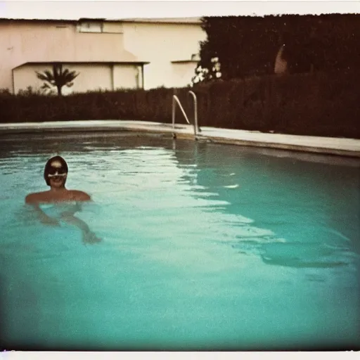 Image similar to a woman in the pool, a women under water, film camera style, la piscine 1 9 6 9 film aesthetics, 1 9 7 0 s, polaroid, los angeles landscape, evening