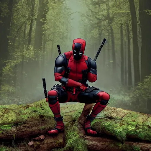 Image similar to deadpool and groot in the woods playing digital art 4 k detailed